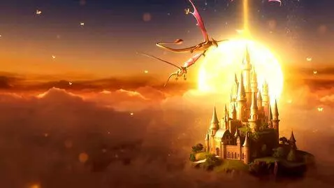 AI Video from prompt: A breathtaking fantasy landscape at sunset: a cr