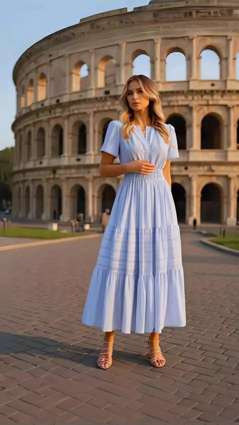 AI Video from prompt: A blonde woman in a light blue tiered maxi dress