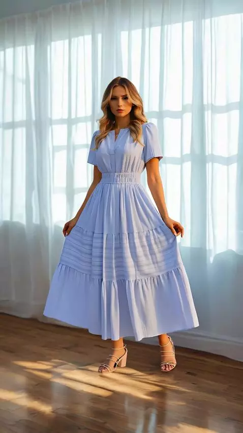 AI Video from prompt: A blonde woman in a light blue tiered maxi dress