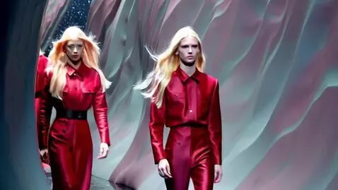 AI Video from prompt: Two albnios long hair fashion models wearing all