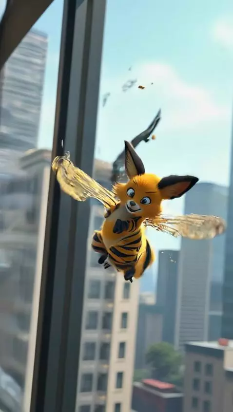 AI Video from prompt: A bee breaks into a glass building in the city