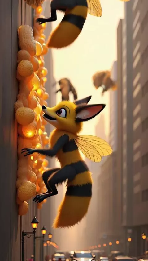 AI Video from prompt: Bees are building giant honeycombs on the buildi