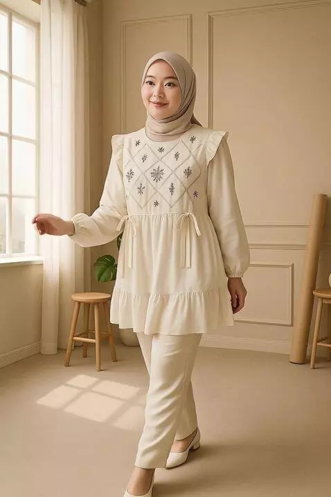AI Video from prompt: A graceful fashion model wearing a modest cream 