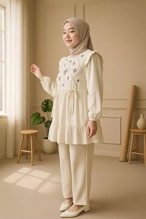 AI Video from prompt: A poised female model stands wearing a cream mod