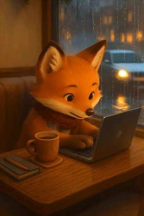 AI Video from prompt: The fox cub sits by a rain-speckled window, work
