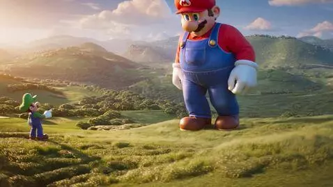 AI Video from prompt: 375ft Mega-Giant Mario sit down and grab grasp 5