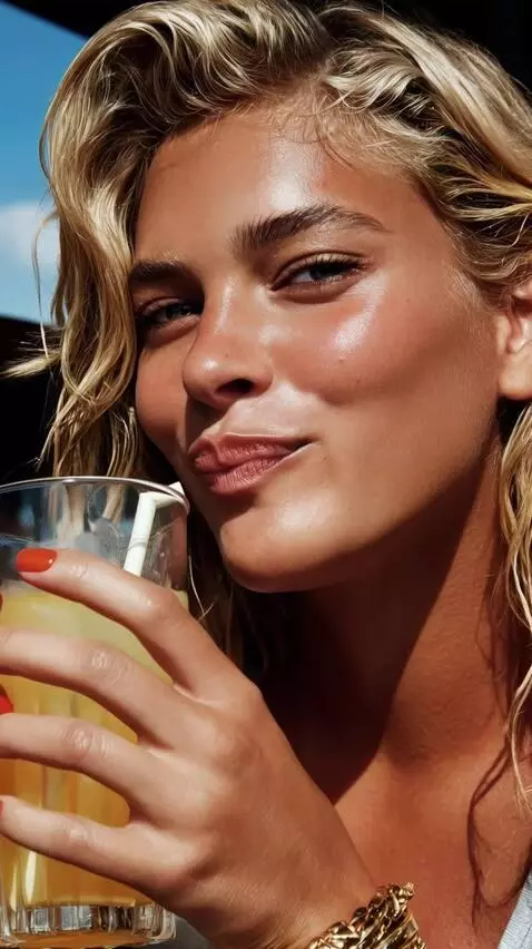 AI Video from prompt: sipping then smiling while turning head
