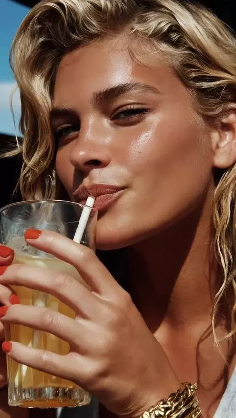 AI Video from prompt: sipping then smiling while turning head