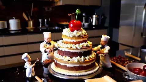 AI Video from prompt: Tiny pastry chefs work meticulously on a giant l