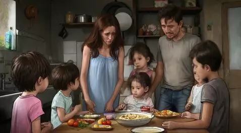 AI Video from prompt: A mother of six children struggling with all her