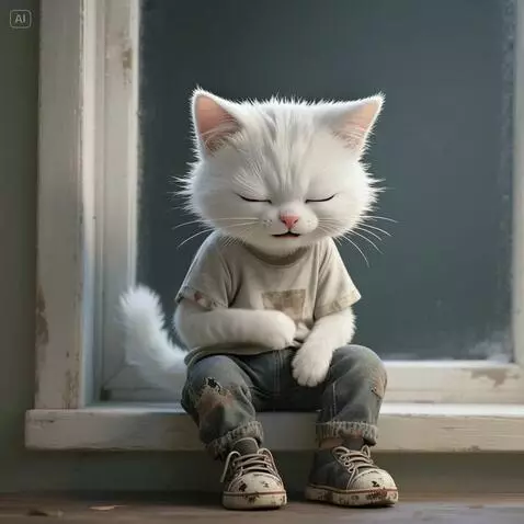 AI Video from prompt: The child white cat crying and his hand in his s