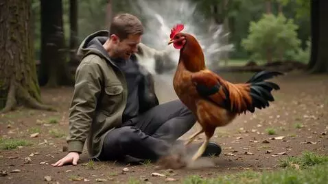 AI Video from prompt: A man getting absolutely jumped by a chicken unt
