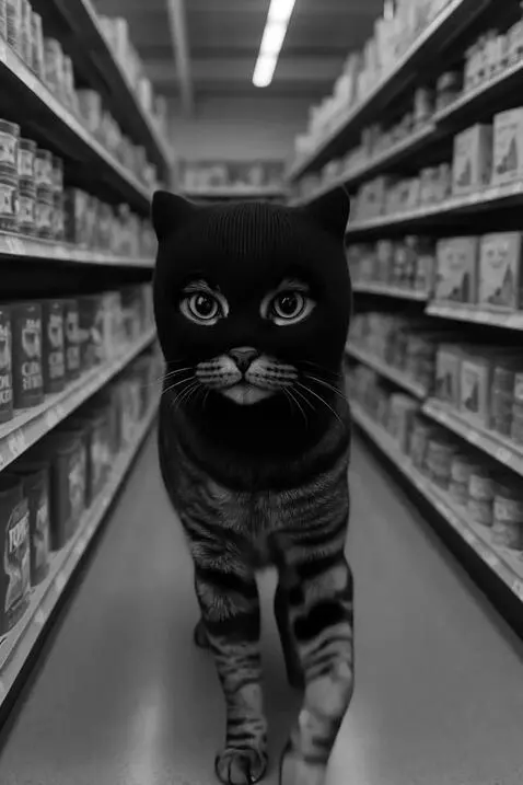 AI Video from prompt: Black-and-white cinematic video set in a grocery
