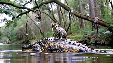 AI Video from prompt: A cat on the back of a crocodile crossing a rive