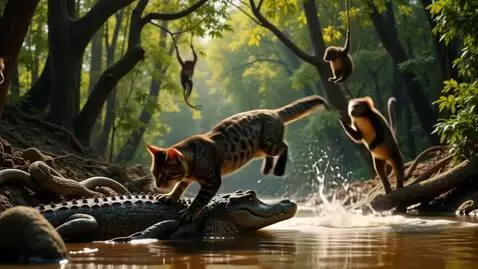 AI Video from prompt: A cat jumping off the back of a crocodile as the