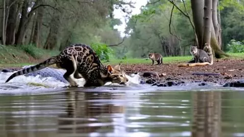 AI Video from prompt: A cat shocked as a crocodile almost ate it as it