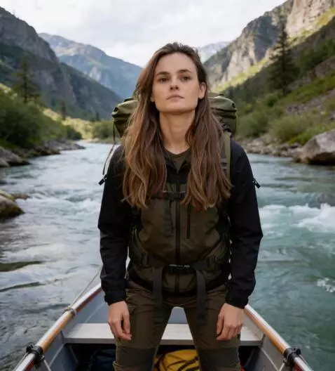 AI Video from prompt: the girl sits down in the boat and takes the pad