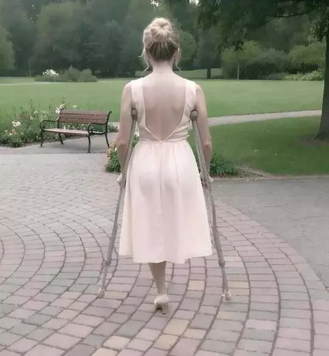 AI Video from prompt: A very beautiful one-legged AMPUTEE woman is wal