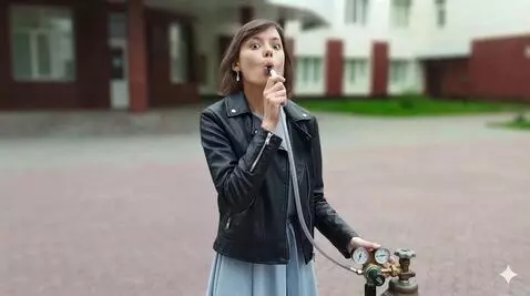 AI Video from prompt: Woman inhale helium from tank and her body gets 