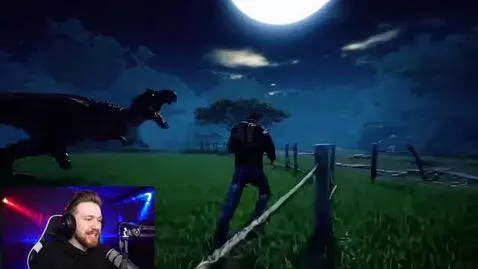 AI Video from prompt: A Russian-speaking YouTuber dives into a dinosau