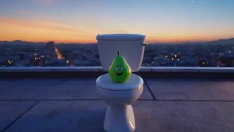 AI Video from prompt: A pear sits on a toilet bowl and then takes off 