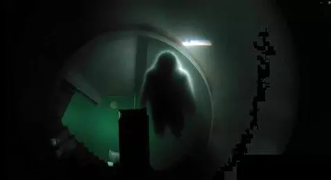 AI Video from prompt: A scary ghostly figure smoothly floats out of a 