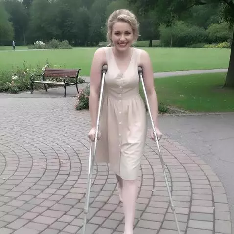 AI Video from prompt: A very beautiful one-legged AMPUTEE woman is wal