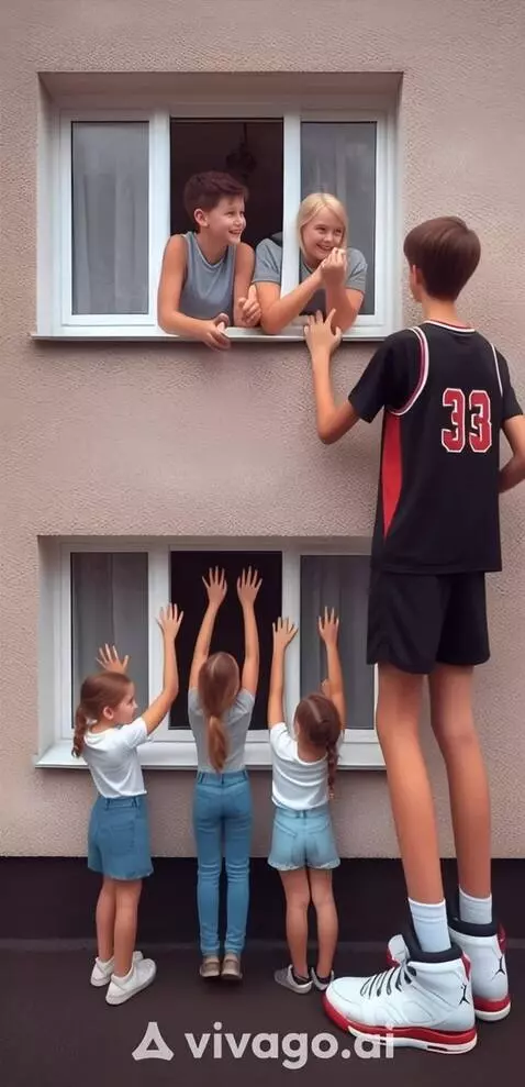 AI Video from prompt: Tallest boy permanently slowly growing with his 