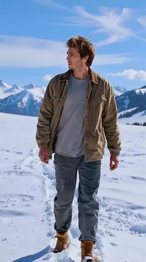 AI Video from prompt: A confused man walks through the snow, looking a
