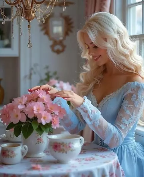AI Video from prompt: She smiles, touches  the flowers and sends a kis
