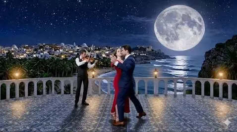 AI Video from prompt: Let the sea be calm and waveless, let the violin