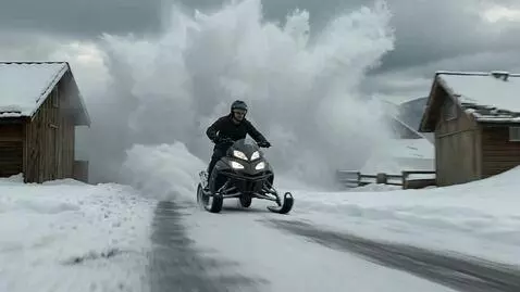AI Video from prompt: He rides a snowmobile through the village to esc