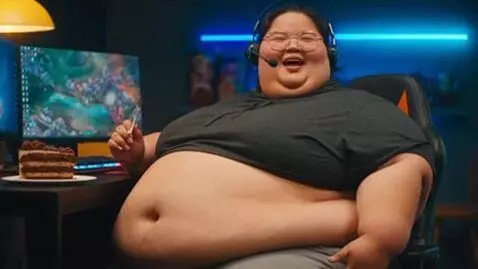 AI Video from prompt: an obese Asian gamer. she talks about how big sh