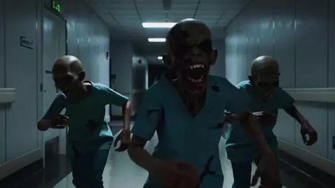 AI Video from prompt: zombies with scary and huge faces in the hospita