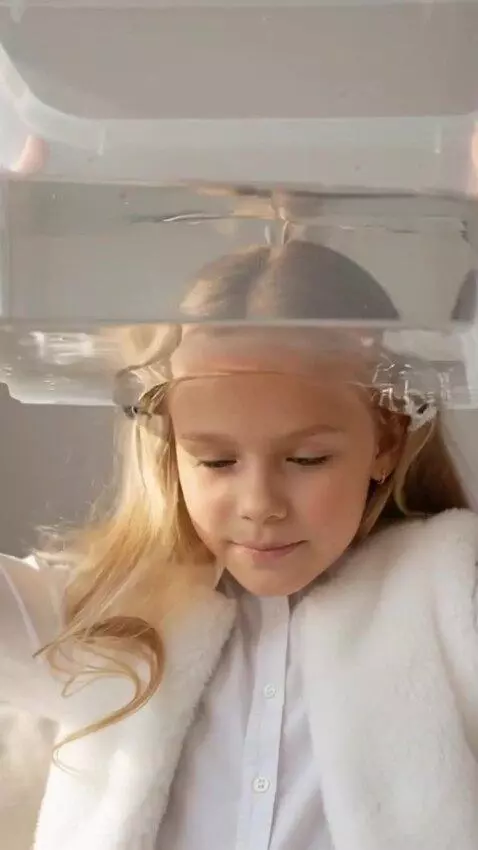 AI Video from prompt: The girl puts a transparent box of water on her 