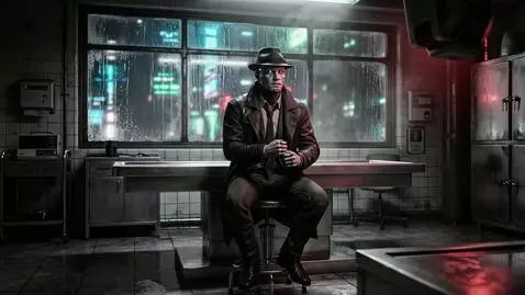 AI Video from prompt: Subtle orbit around the seated detective; rain t