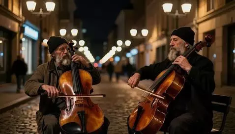 AI Video from prompt: Night, illuminated by night lights, street music