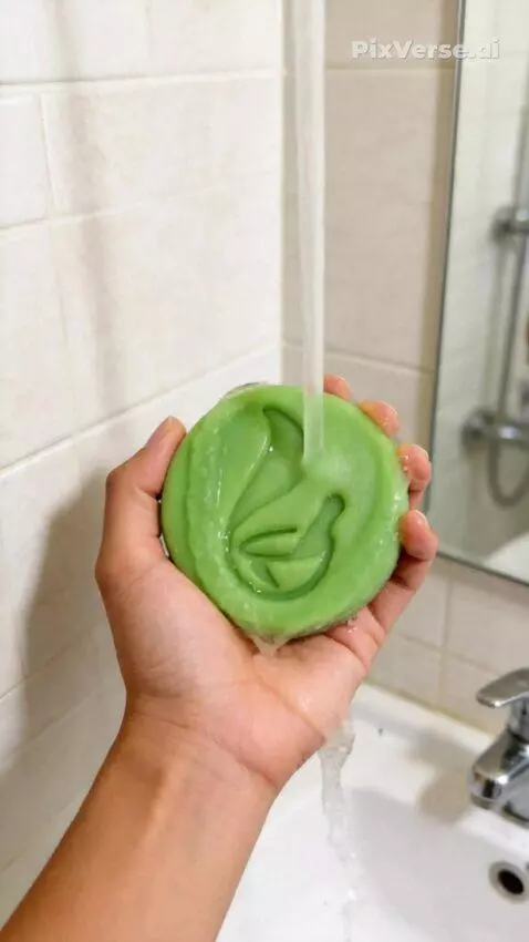 AI Video from prompt: “A hand holding a green binahong herbal soap und