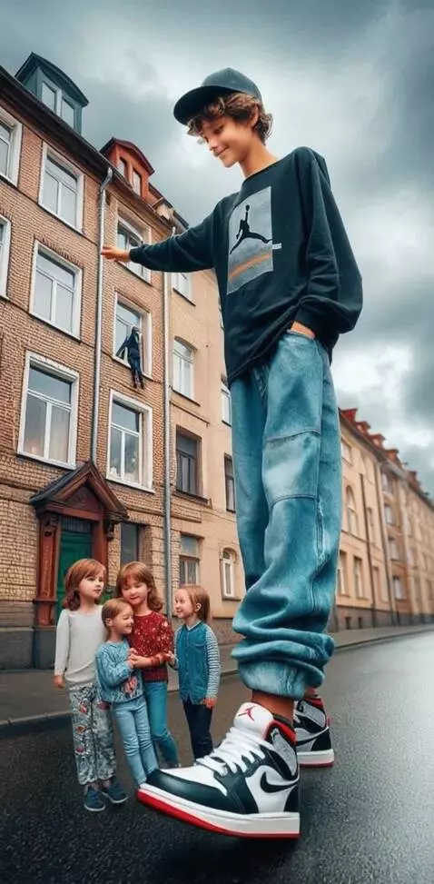 AI Video from prompt: The tall boy very slowly walks to the building w