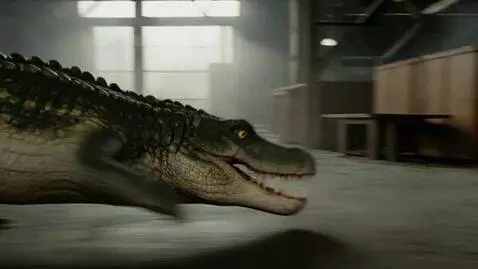 AI Video from prompt: An alligator roams an abandoned building on the 