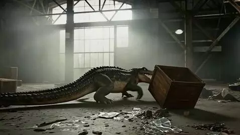 AI Video from prompt: An alligator roams an abandoned building on the 