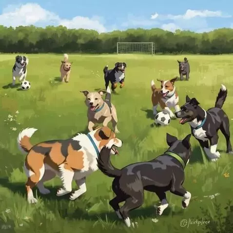 AI Video from prompt: 12 Dog playing soccer in the field