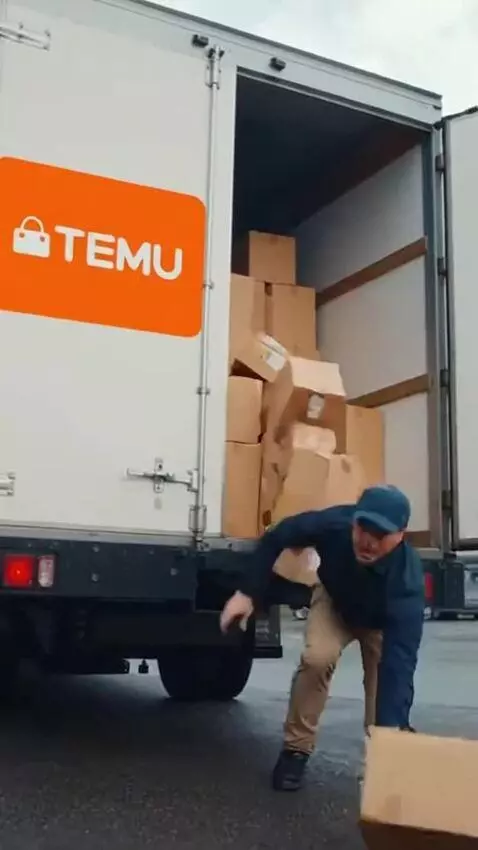 AI Video from prompt: A courier in a truck with a sign temu He has the
