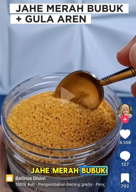 AI Video from prompt: A hand gently lifts a bottle of red ginger powde