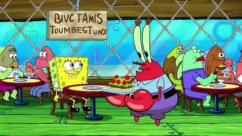 AI Video from prompt: Mr. Krabs take food on a tray for SpongeBob at t