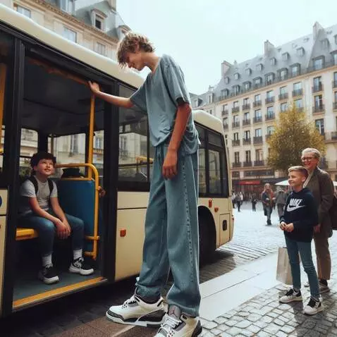 AI Video from prompt: The tallest boy slowly gets on the bus, but sinc