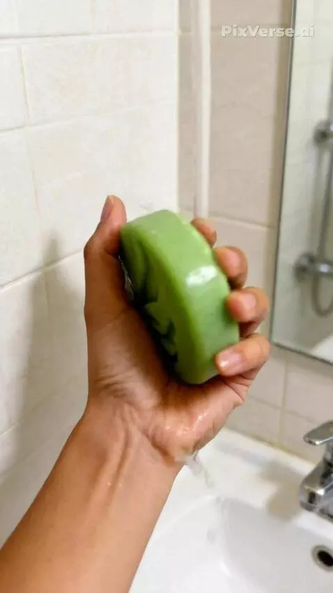 AI Video from prompt: A hand gently picks up a bar of bidara-binahong 