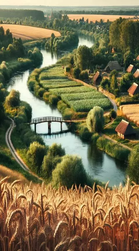 AI Video from prompt: Cinematic footage over a peaceful rural landscap