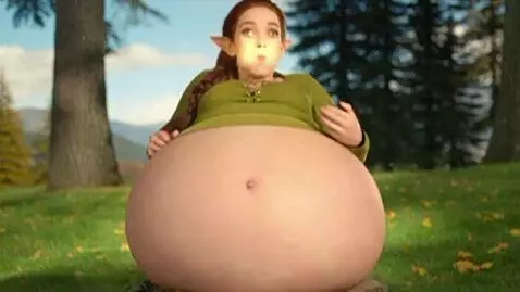 AI Video from prompt: an elf eats an apple and she becomes 900lbs fatt
