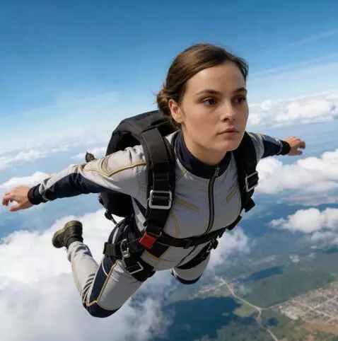AI Video from prompt: a girl in free flight. she is looking ahead. fac